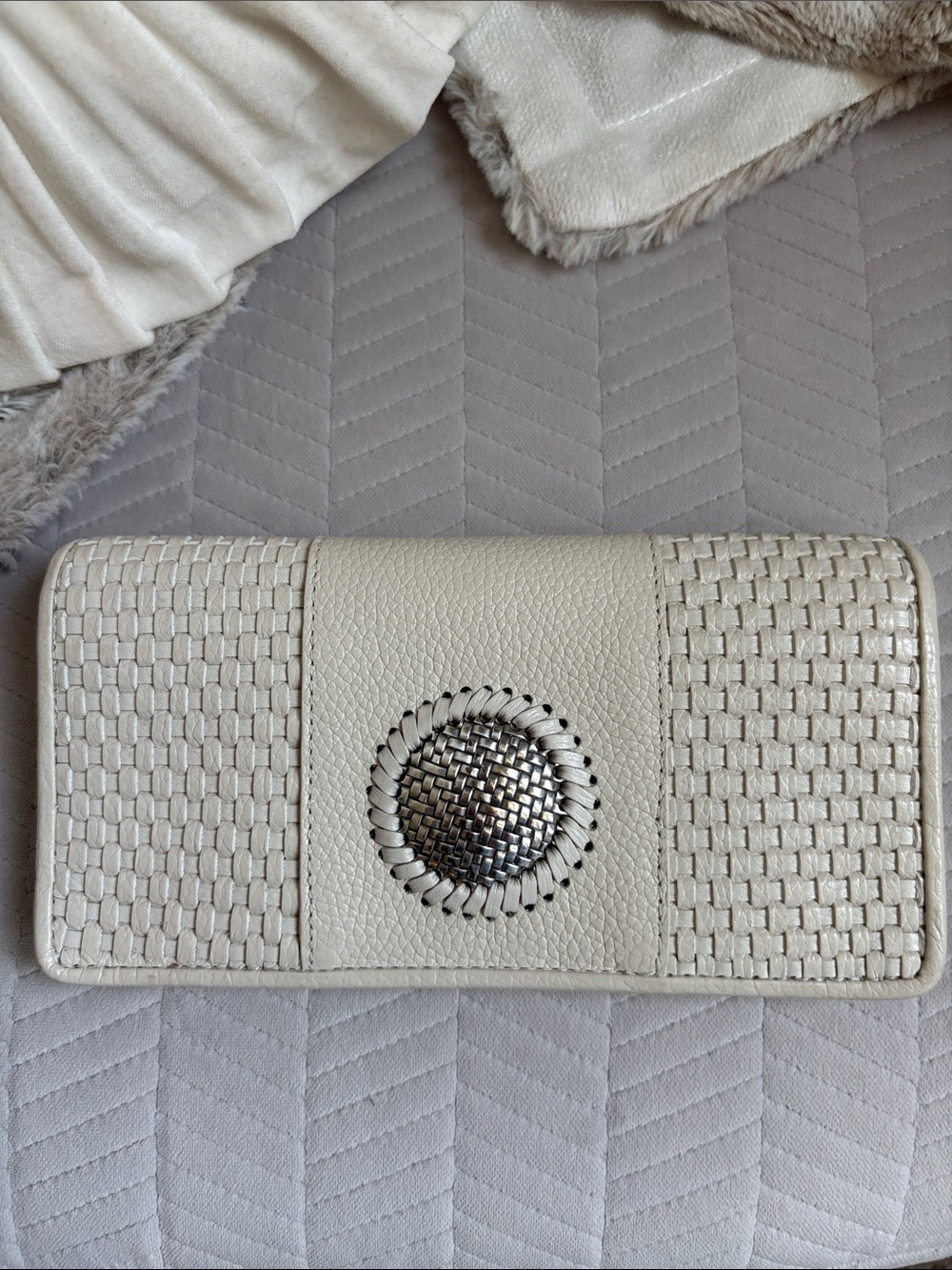 Brighton Cream Woven Clutch with Silver Medallion